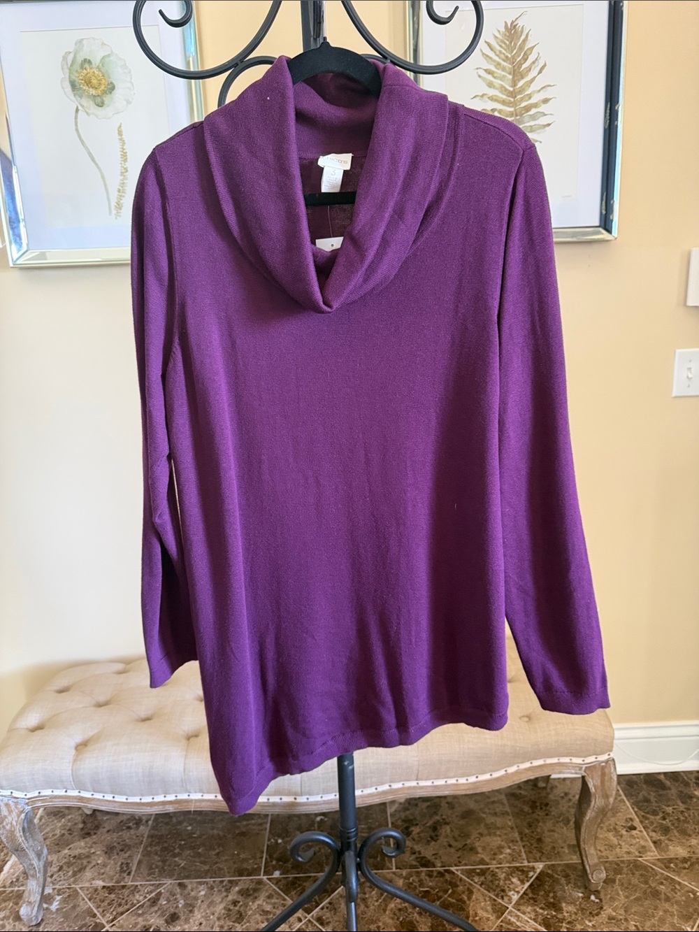 Chicos Women's Purple Cowl Neck Sweater -Relaxed, Asymmetrical, Long Sleeve Knit